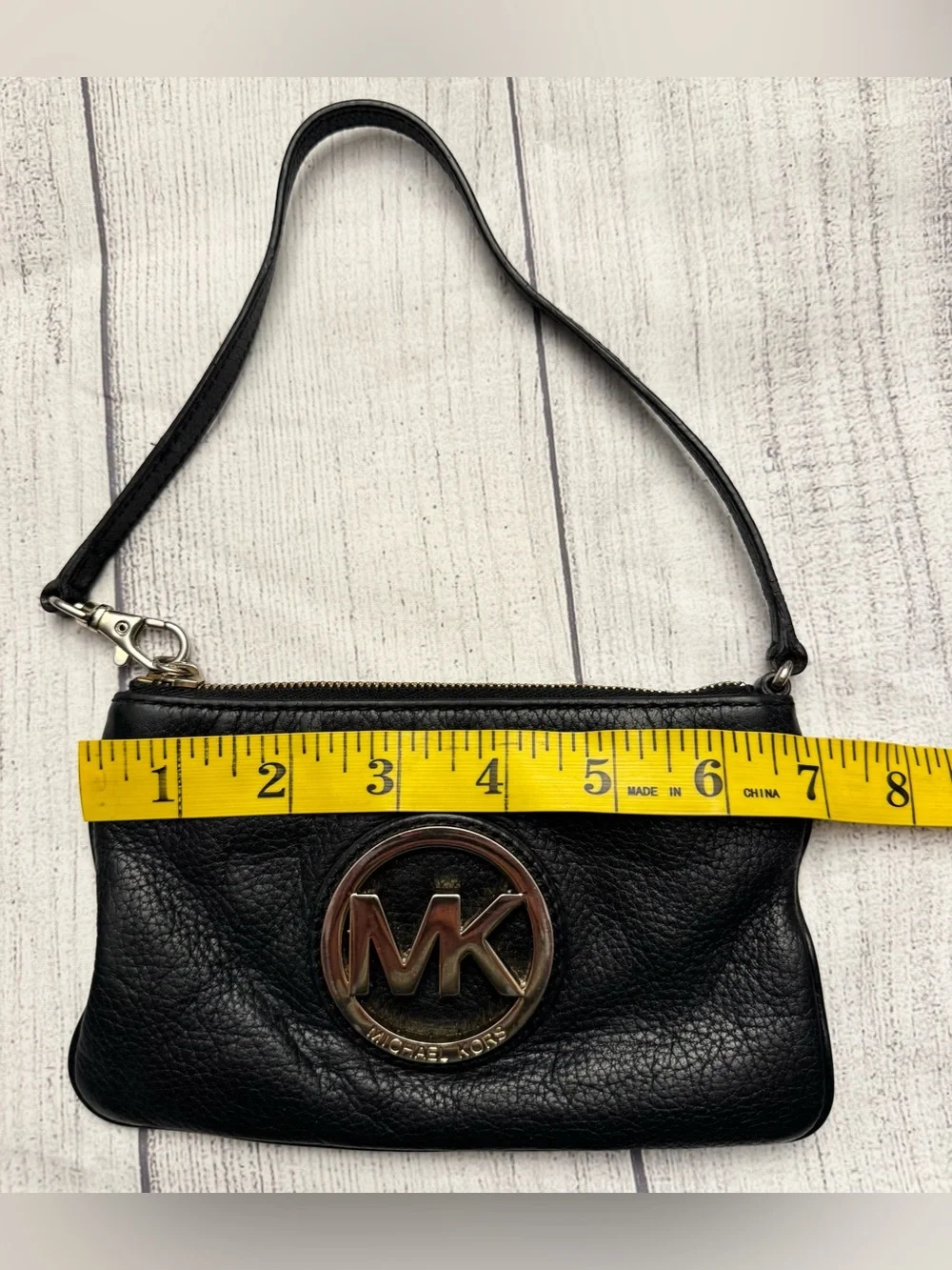 Michael Kors Black Leather Wristlet Clutch Gold Logo Small Purse